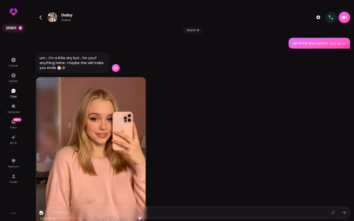 Fil de discussion GoLove.ai où le personnage relance elle-même la conversation