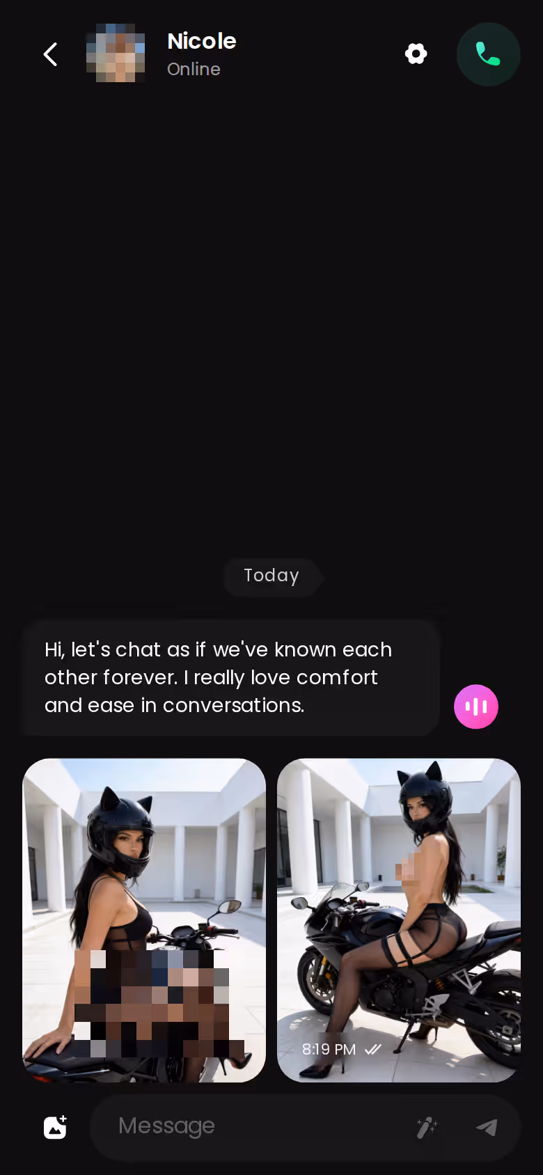 Une photo IA reçue au milieu d'une discussion GoLove.ai sur mobile