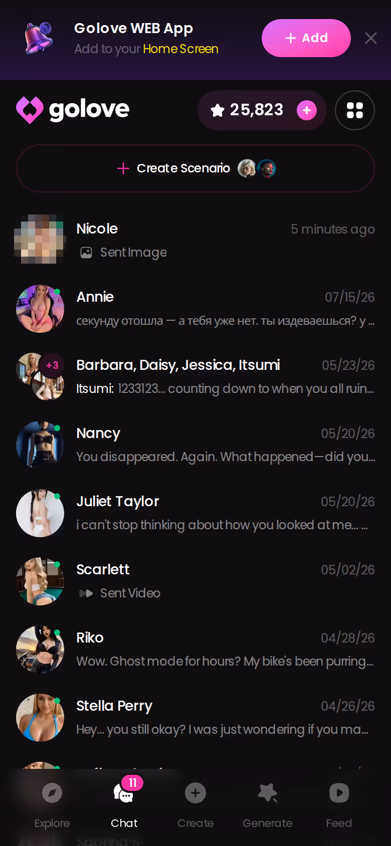 Liste des conversations GoLove sur mobile, une ligne par personnage