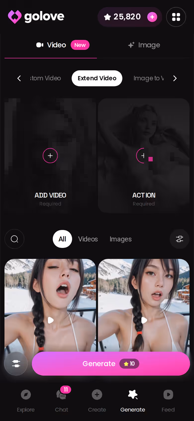 Générateur vidéo — choisis l'action, la tenue, la scène, un tap. — dreamgf prix abonnement mensuel