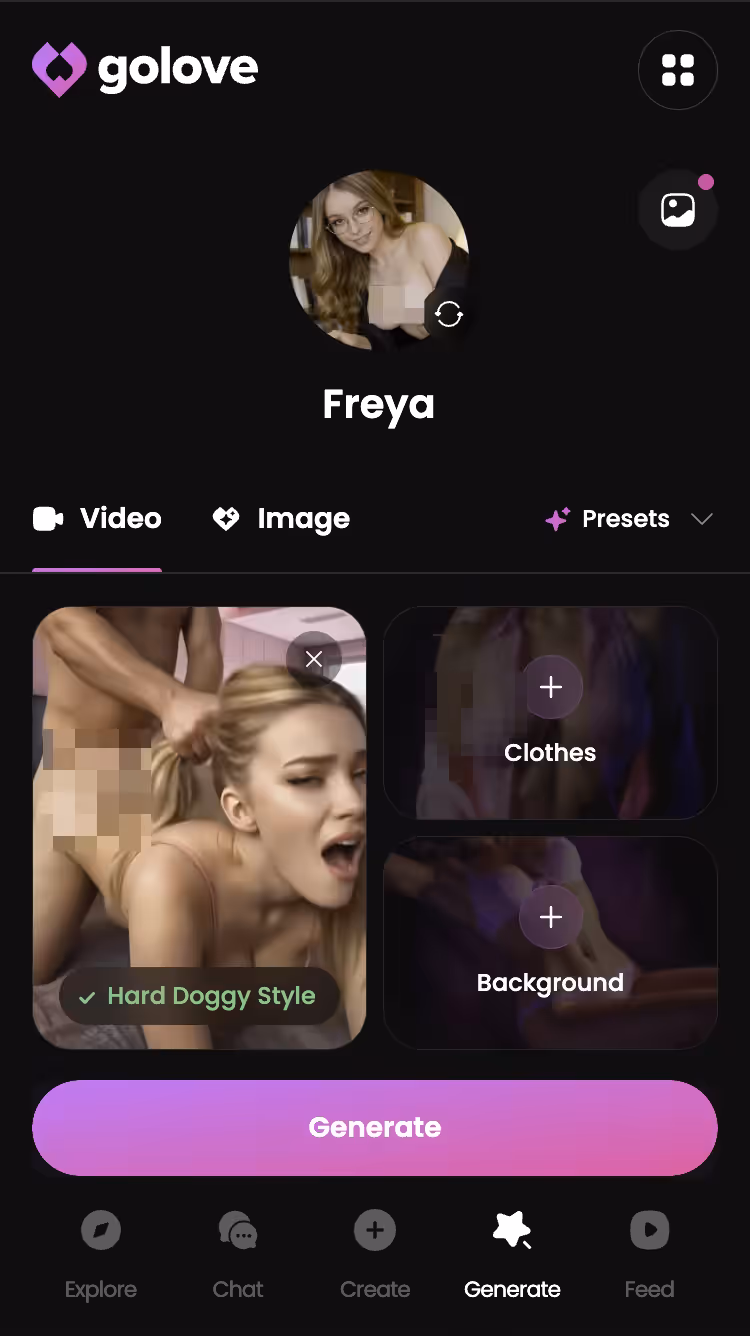 L'onglet Vidéo du Générateur GoLove.ai sur mobile, avec le choix de l'action, de la tenue et de la scène